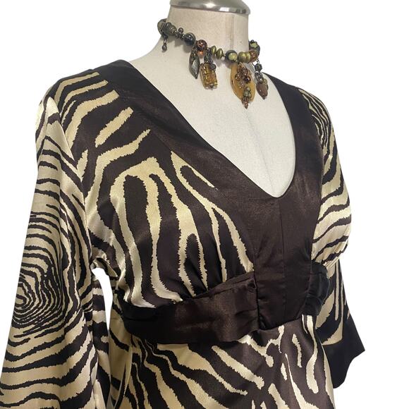 Vintage 90's Jodi Kristopher Satin Brown Zebra Print Dress- Funky Hippie Boho - Picture 3 of 14